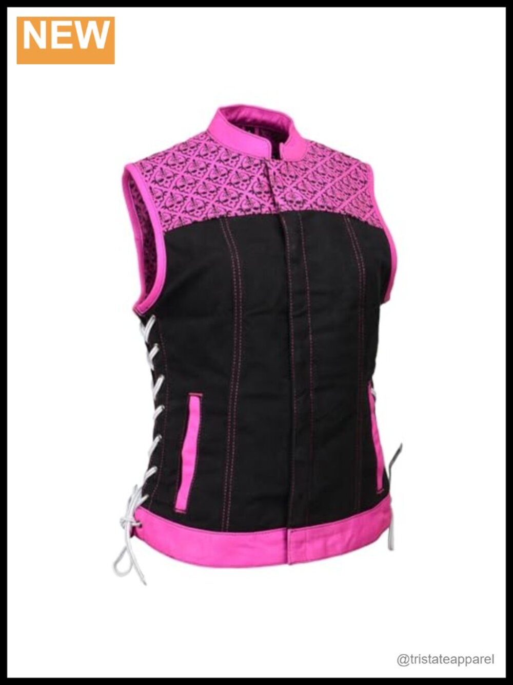 Women's Motorcycle Denim Vest with Skull Embroidery, YKK Zipper, Cotton